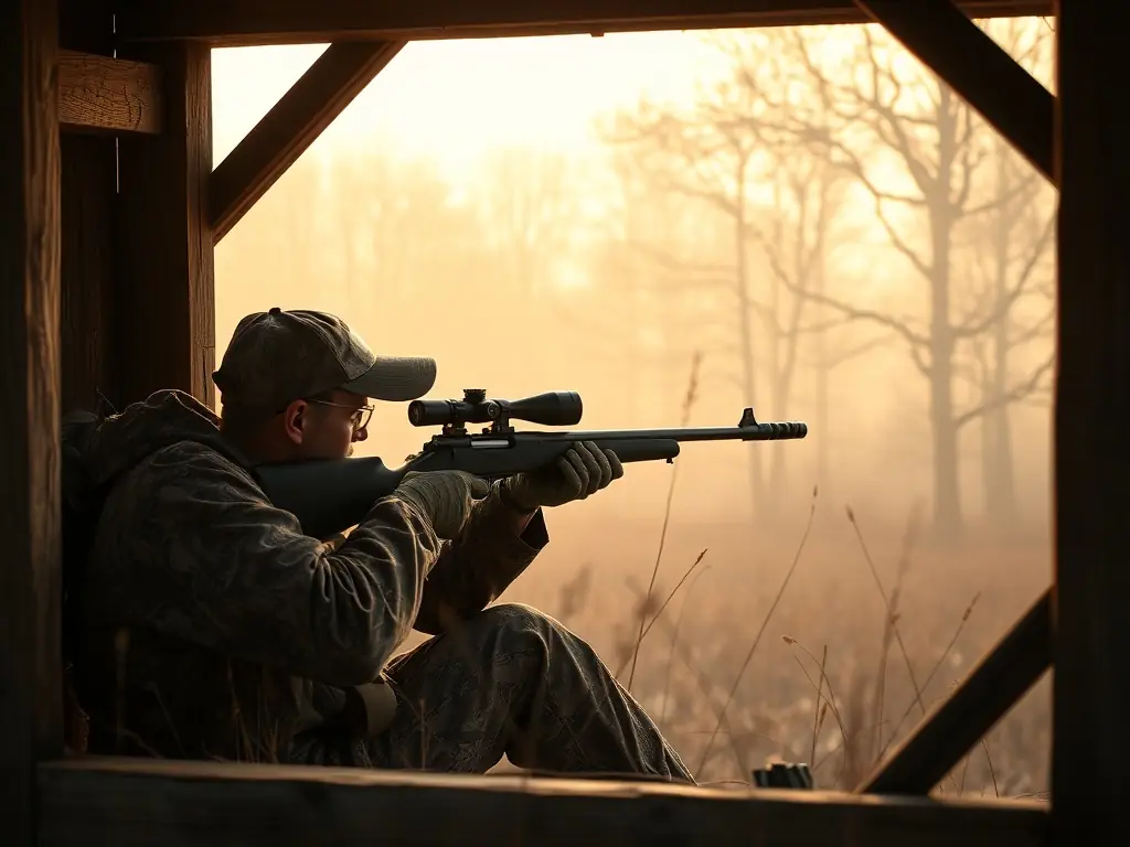 A hunter carefully aiming a rifle from a camouflaged hunting blind, set against a backdrop of a serene, early morning forest, illustrating the patience and skill required for successful small game hunting.