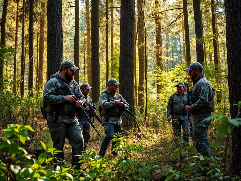 A group of hunters in camouflage gear, strategically positioned in a dense forest during a large game drive, with rifles ready and focused expressions, showcasing the intensity and teamwork involved in the activity.