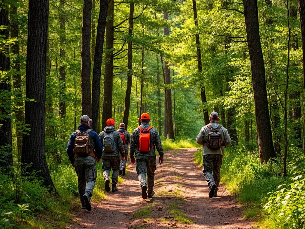 A group of hunters in camouflage gear walking through a dense forest during a large game drive, focusing on the camaraderie and teamwork involved in the activity.