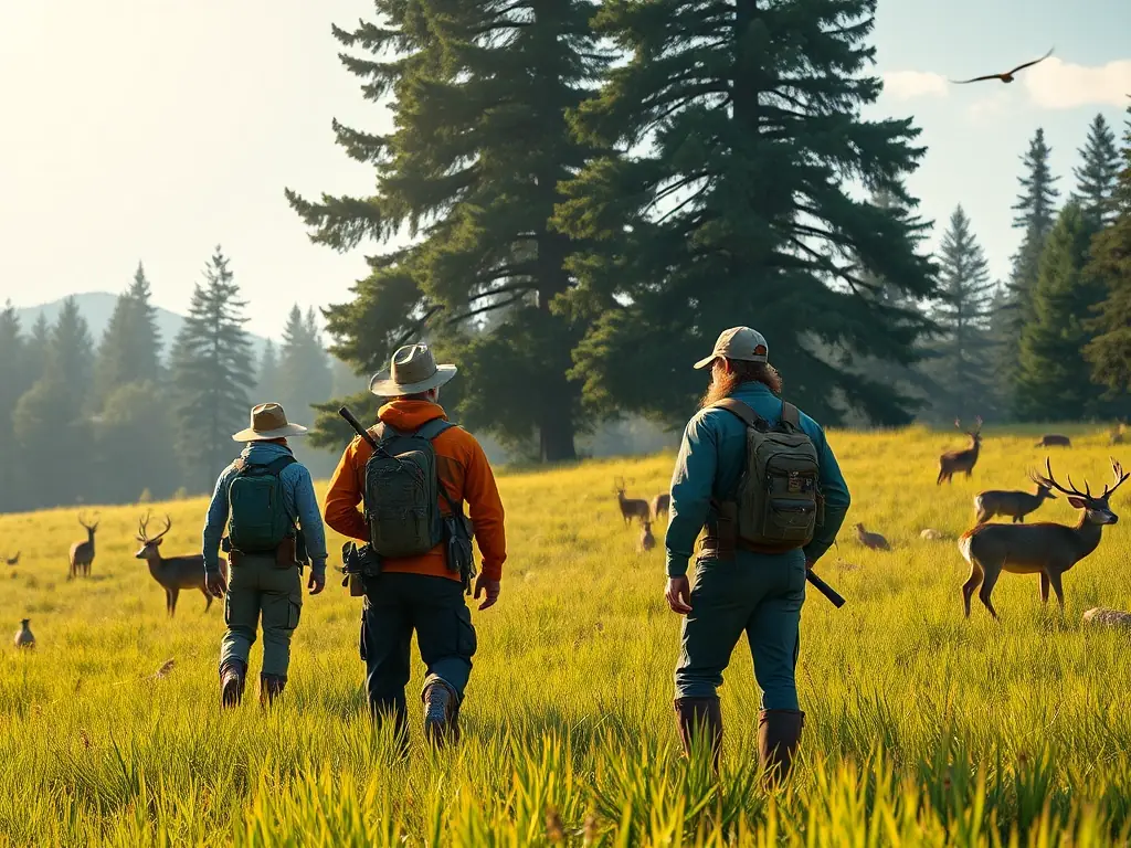 A hunter aiming a rifle in a vast open field, with a focus on the precision and skill required for successful hunting.
