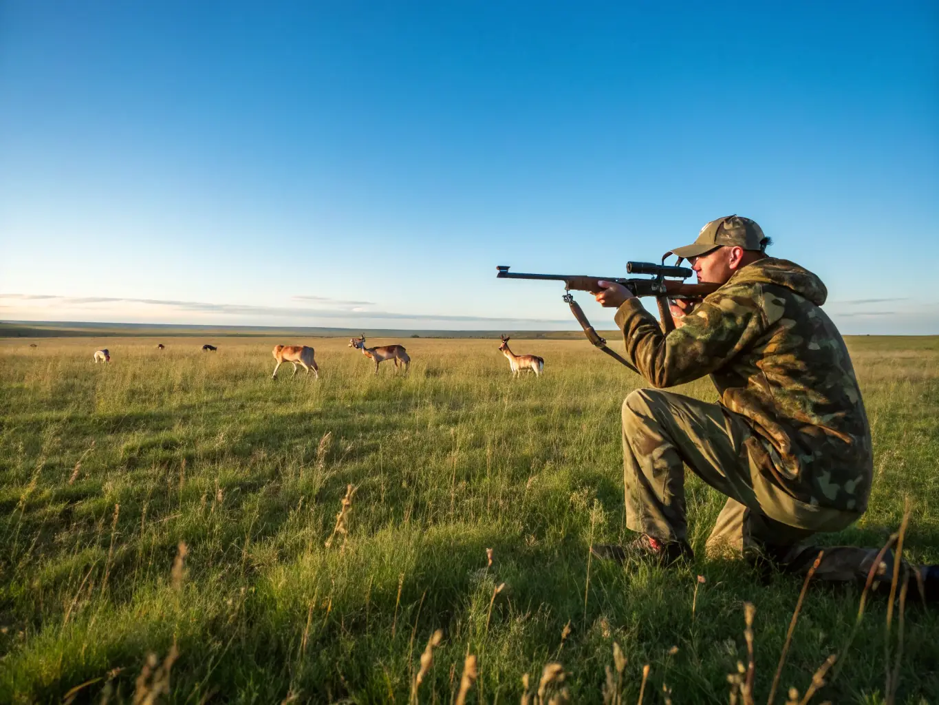 A serene image of a hunter sitting quietly in a hunting blind, observing wildlife in their natural habitat, emphasizing the patience and respect for nature involved in hunting.
