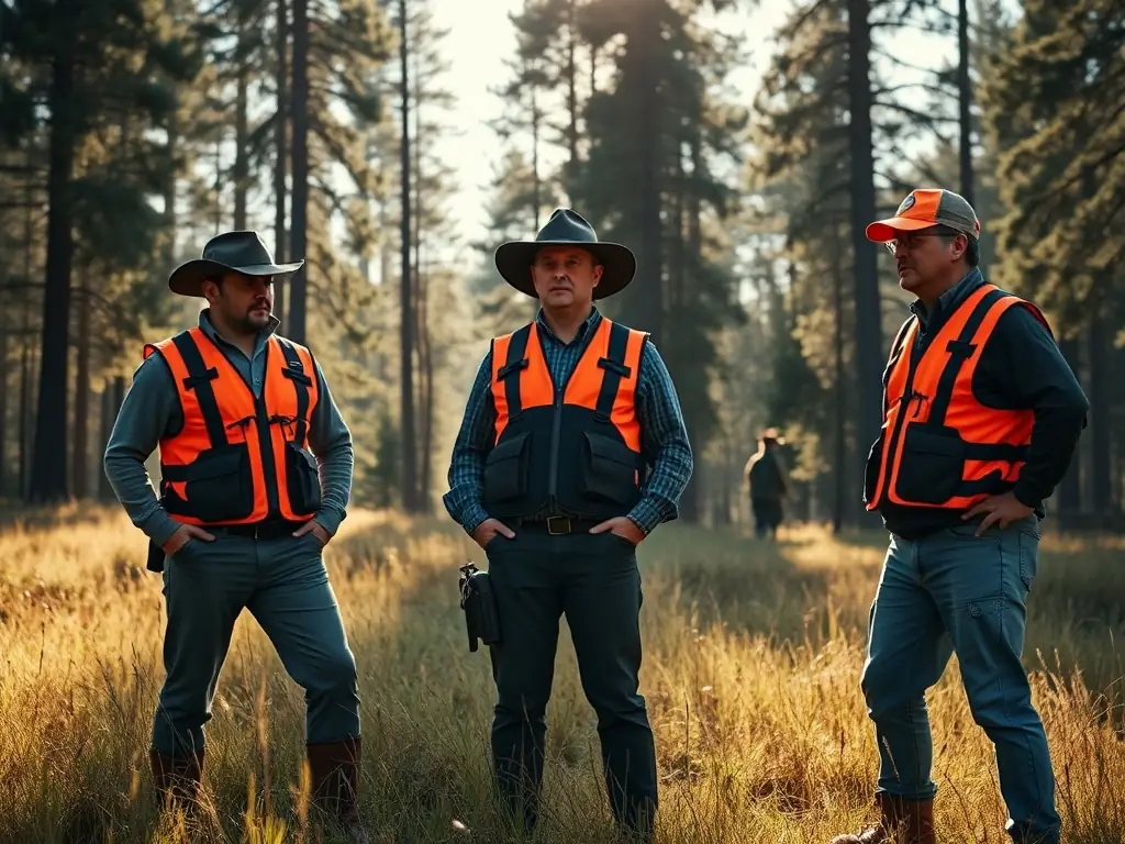 A group of hunters in camouflage gear strategizing their approach in a dense forest, showcasing the collaborative aspect of hunting within DIANE DE LA COUVERTOIRADE - LA BLAQUERERIE.