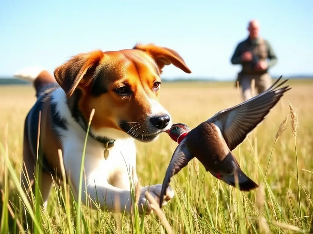 A picturesque scene of a hunter and a trained dog working together in a field, with the dog pointing towards hidden game, highlighting the partnership and skill involved in bird hunting.
